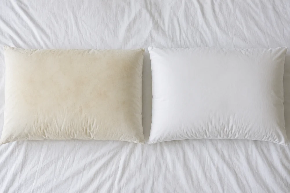 Dos almohadas una al lado de la otra: una amarilleada por el uso, la otra limpia