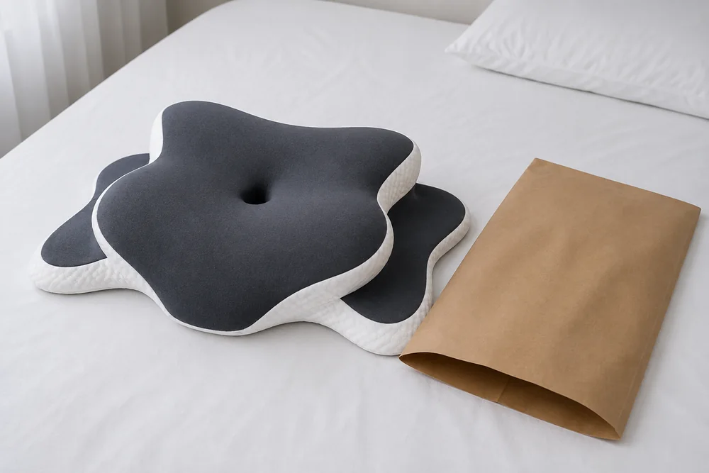 La almohada cervical recién sacada del embalaje, sobre una cama