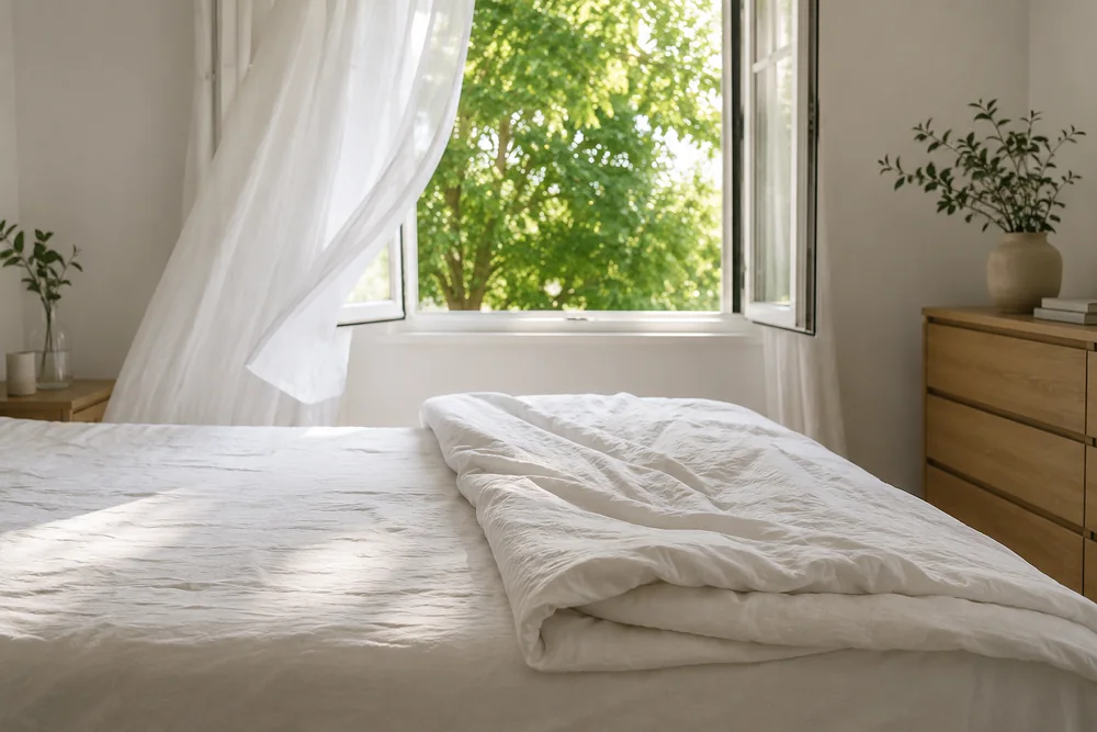 Habitación aireada por la mañana, con el edredón replegado a los pies de la cama y la ventana abierta