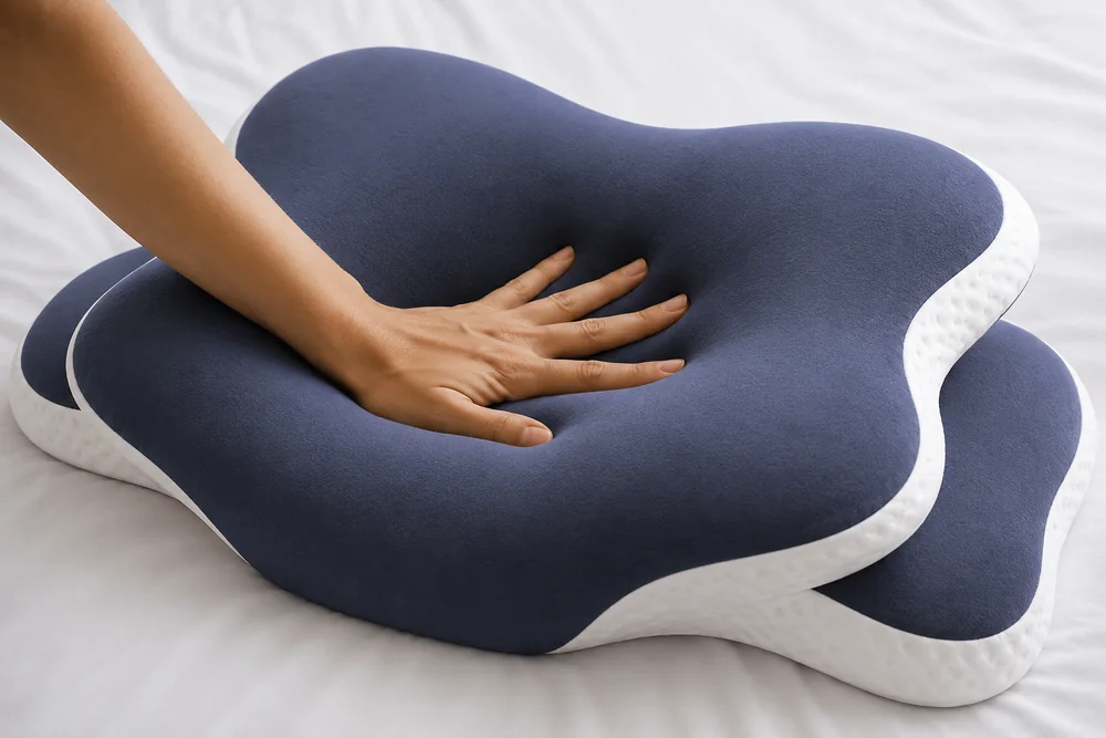 Una mano presiona el centro de la almohada para observar cómo vuelve a subir la espuma