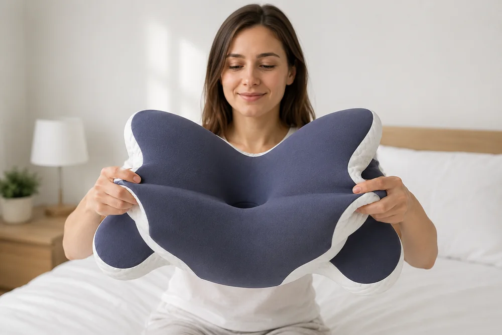 Dos manos doblan la almohada en dos para juzgar su firmeza