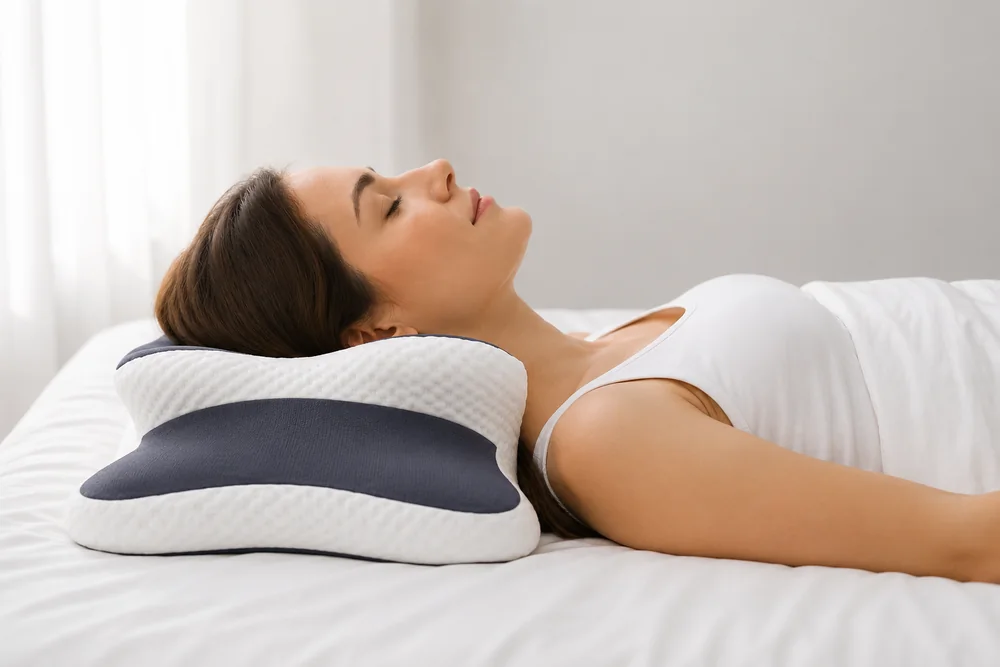 Persona durmiendo boca arriba, con la nuca rellenada por la cara hundida de la almohada